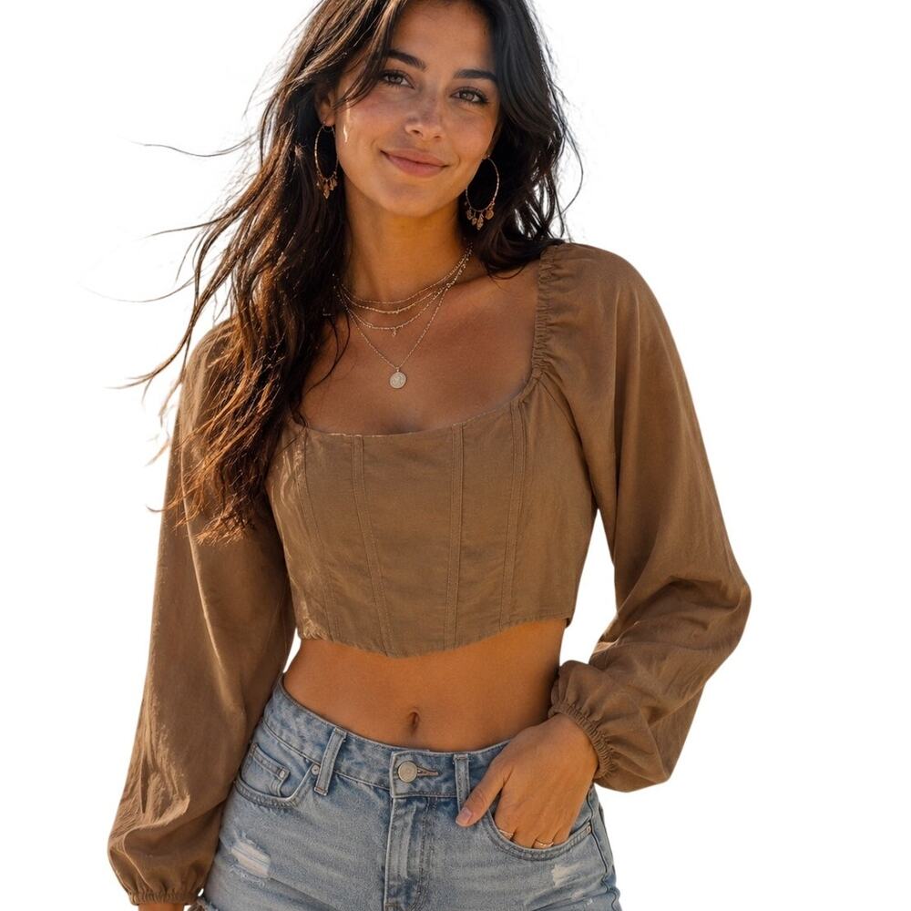 Kirious Milkmaid Corset Top Womens Large Tan Brushed Faux Suede Cropped